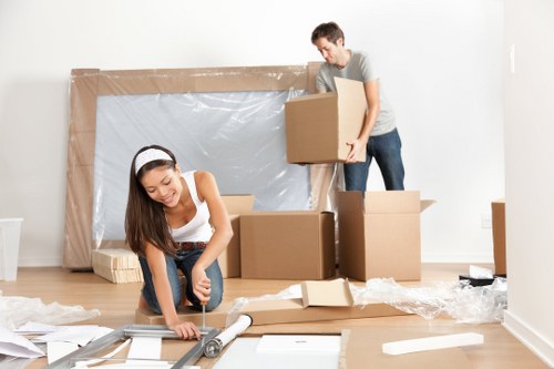Boxes and household items organized in Westham storage space